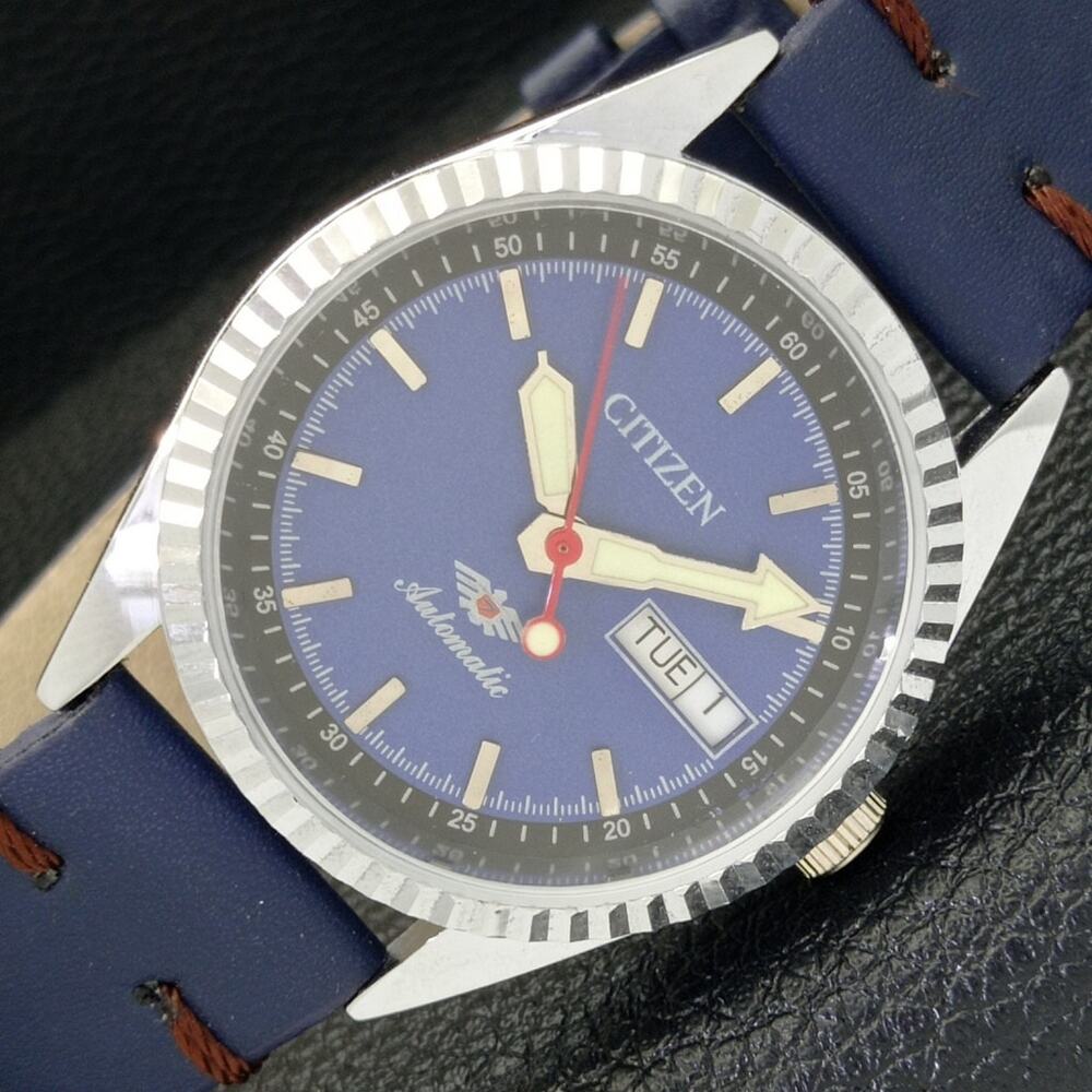 Vintage 1978 Citizen Automatic Mens Silver Watch W/daydate & Blue accents
